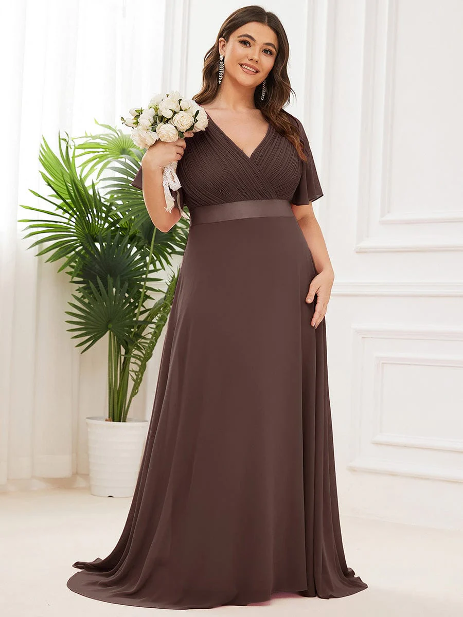 pretty MONICA|Plus Size Long Empire Waist Bridesmaid Dress with Short Flutter Sleeves - Image 200