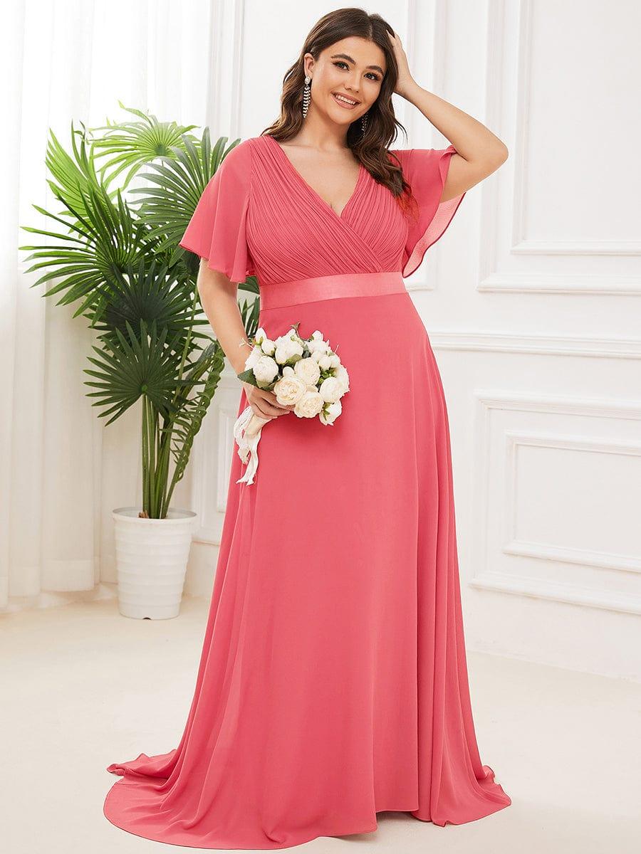 pretty MONICA|Plus Size Long Empire Waist Bridesmaid Dress with Short Flutter Sleeves - Image 22