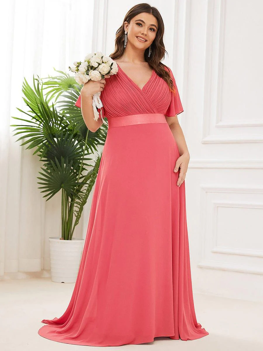 pretty MONICA|Plus Size Long Empire Waist Bridesmaid Dress with Short Flutter Sleeves - Image 25