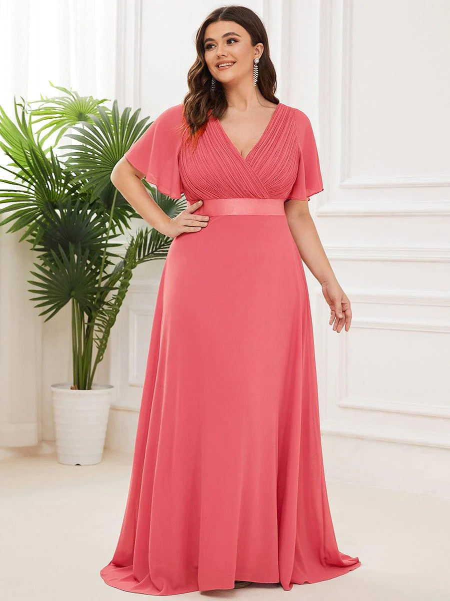 pretty MONICA|Plus Size Long Empire Waist Bridesmaid Dress with Short Flutter Sleeves - Image 26