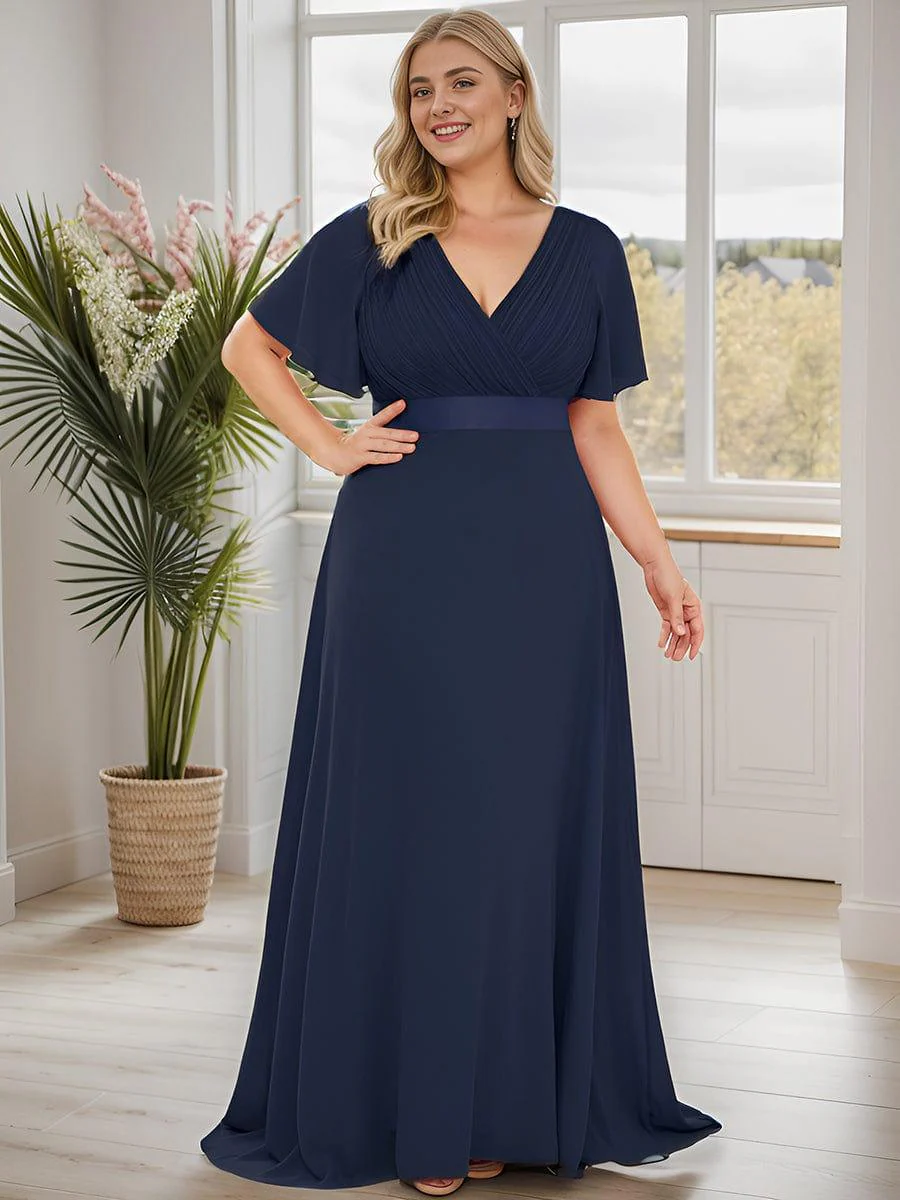 pretty MONICA|Plus Size Long Empire Waist Bridesmaid Dress with Short Flutter Sleeves - Image 27