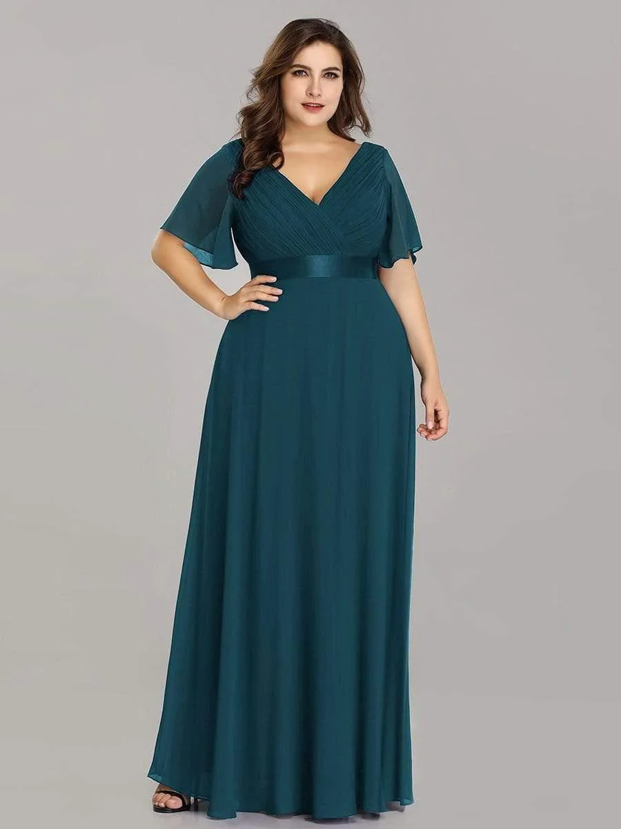 pretty MONICA|Plus Size Long Empire Waist Bridesmaid Dress with Short Flutter Sleeves - Image 36