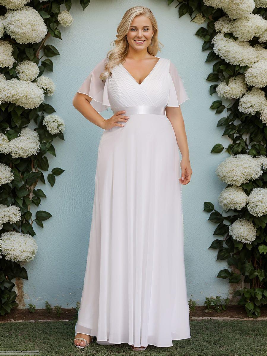 pretty MONICA|Plus Size Long Empire Waist Bridesmaid Dress with Short Flutter Sleeves - Image 39