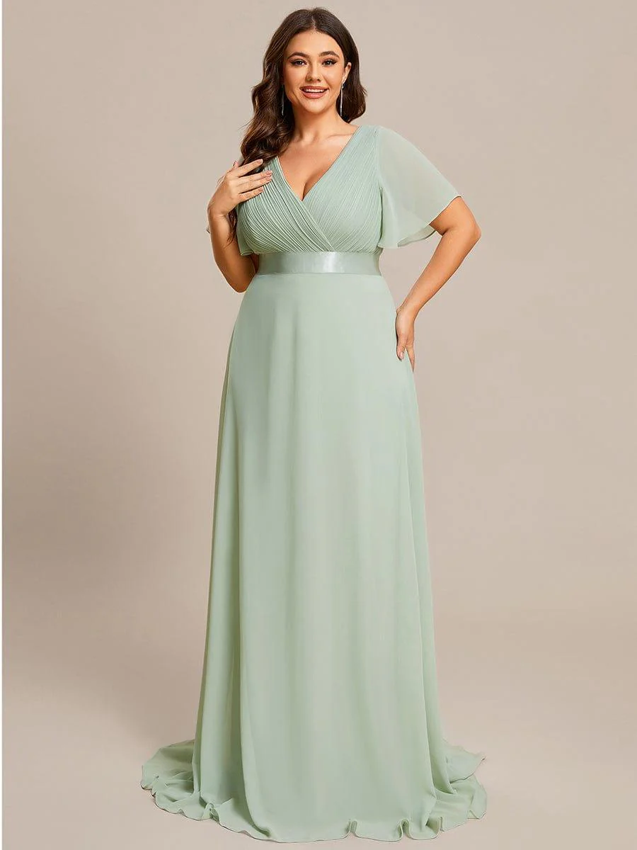 pretty MONICA|Plus Size Long Empire Waist Bridesmaid Dress with Short Flutter Sleeves - Image 5