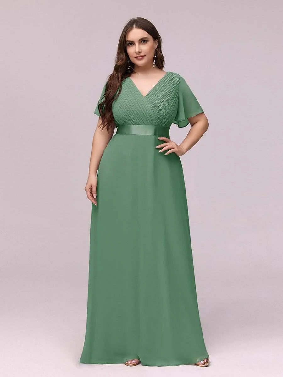pretty MONICA|Plus Size Long Empire Waist Bridesmaid Dress with Short Flutter Sleeves - Image 52