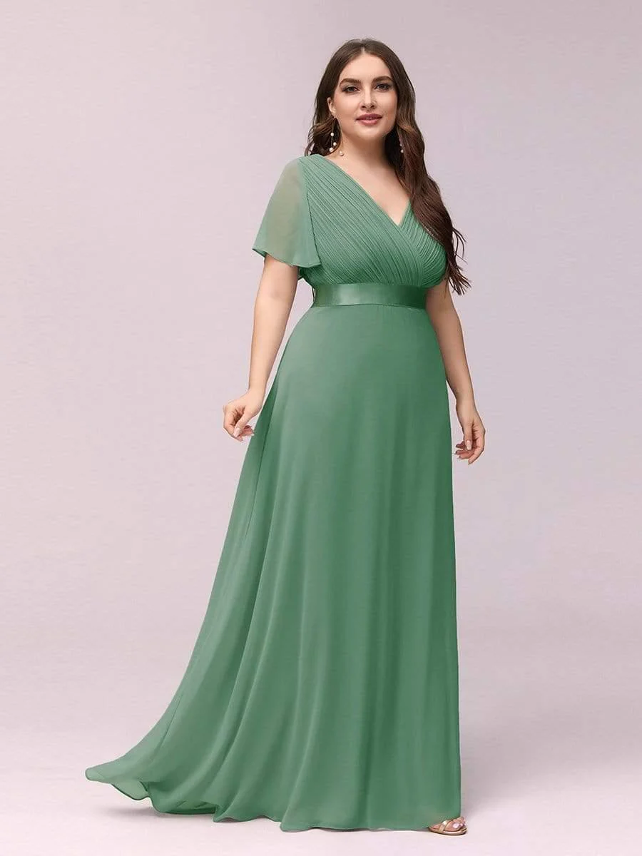 pretty MONICA|Plus Size Long Empire Waist Bridesmaid Dress with Short Flutter Sleeves - Image 53