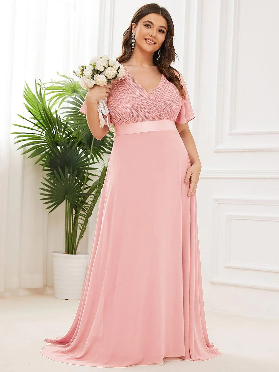 pretty MONICA|Plus Size Long Empire Waist Bridesmaid Dress with Short Flutter Sleeves - Image 6