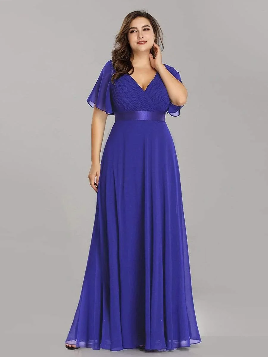 pretty MONICA|Plus Size Long Empire Waist Bridesmaid Dress with Short Flutter Sleeves - Image 62