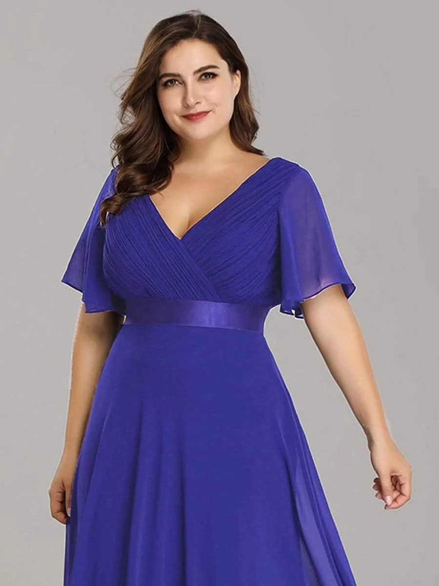 pretty MONICA|Plus Size Long Empire Waist Bridesmaid Dress with Short Flutter Sleeves - Image 63