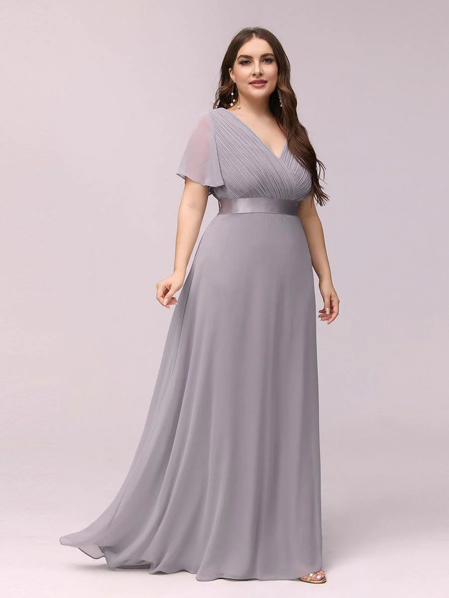 pretty MONICA|Plus Size Long Empire Waist Bridesmaid Dress with Short Flutter Sleeves - Image 66