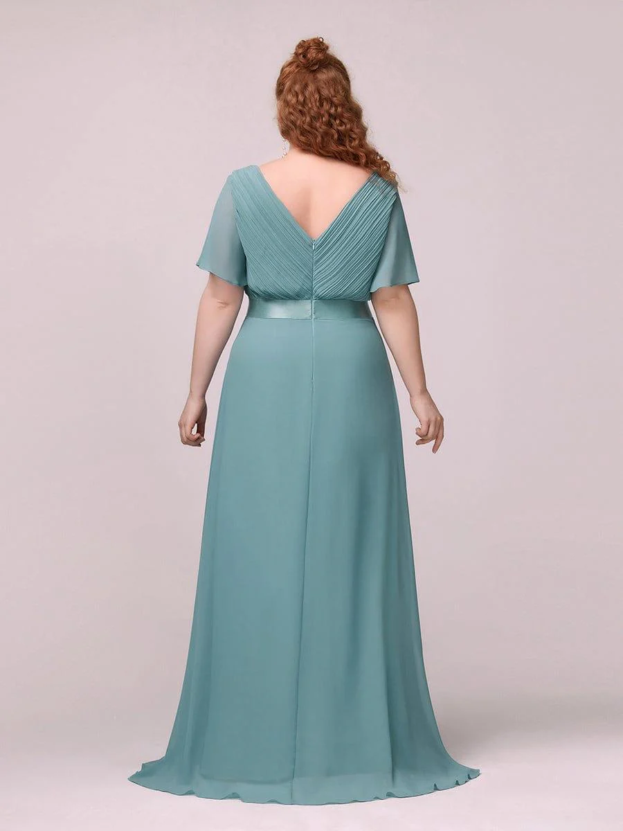 pretty MONICA|Plus Size Long Empire Waist Bridesmaid Dress with Short Flutter Sleeves - Image 69