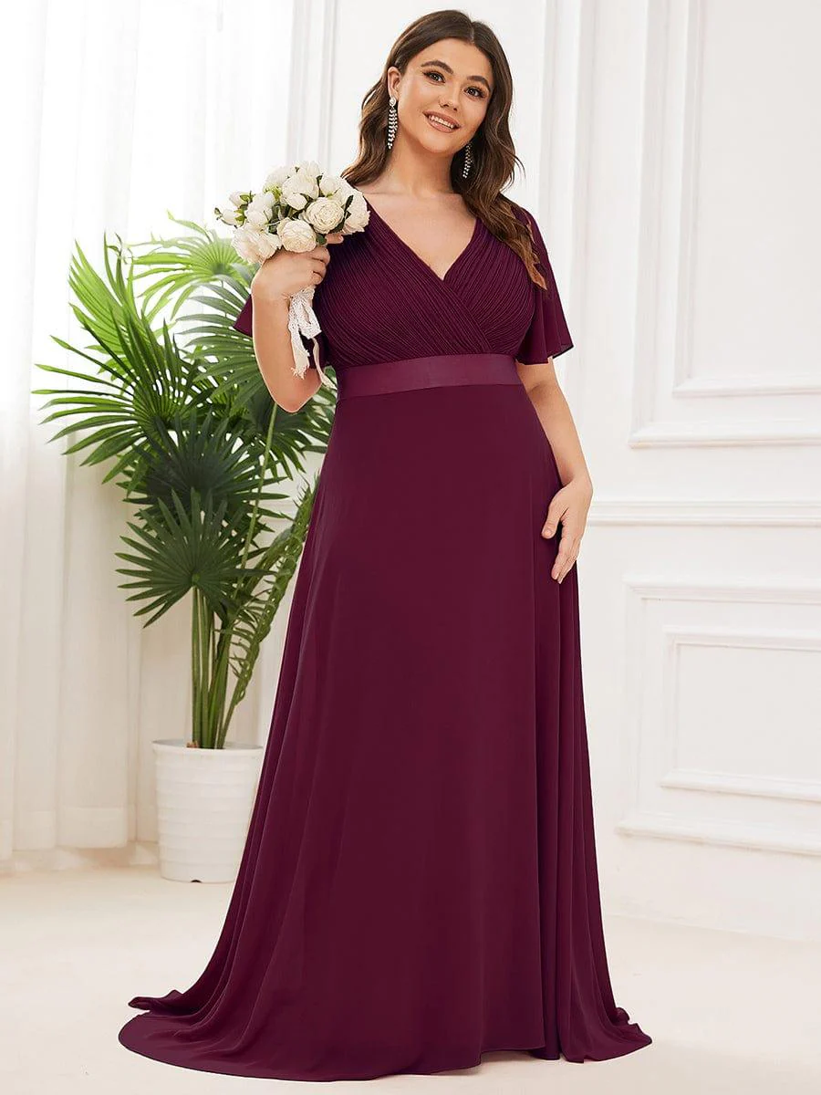 pretty MONICA|Plus Size Long Empire Waist Bridesmaid Dress with Short Flutter Sleeves - Image 76