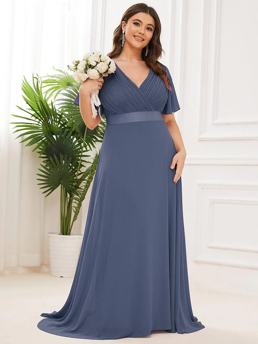 pretty MONICA|Plus Size Long Empire Waist Bridesmaid Dress with Short Flutter Sleeves - Image 81