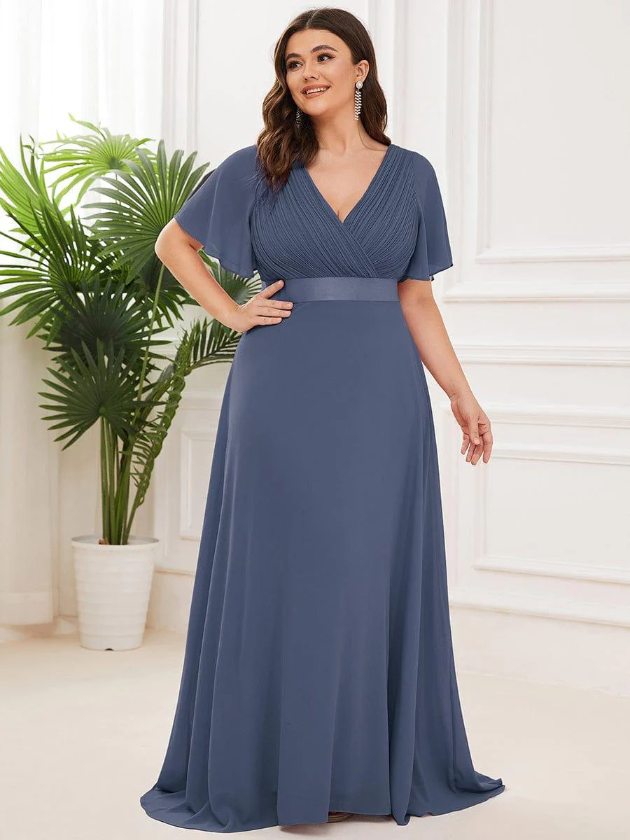 pretty MONICA|Plus Size Long Empire Waist Bridesmaid Dress with Short Flutter Sleeves - Image 83