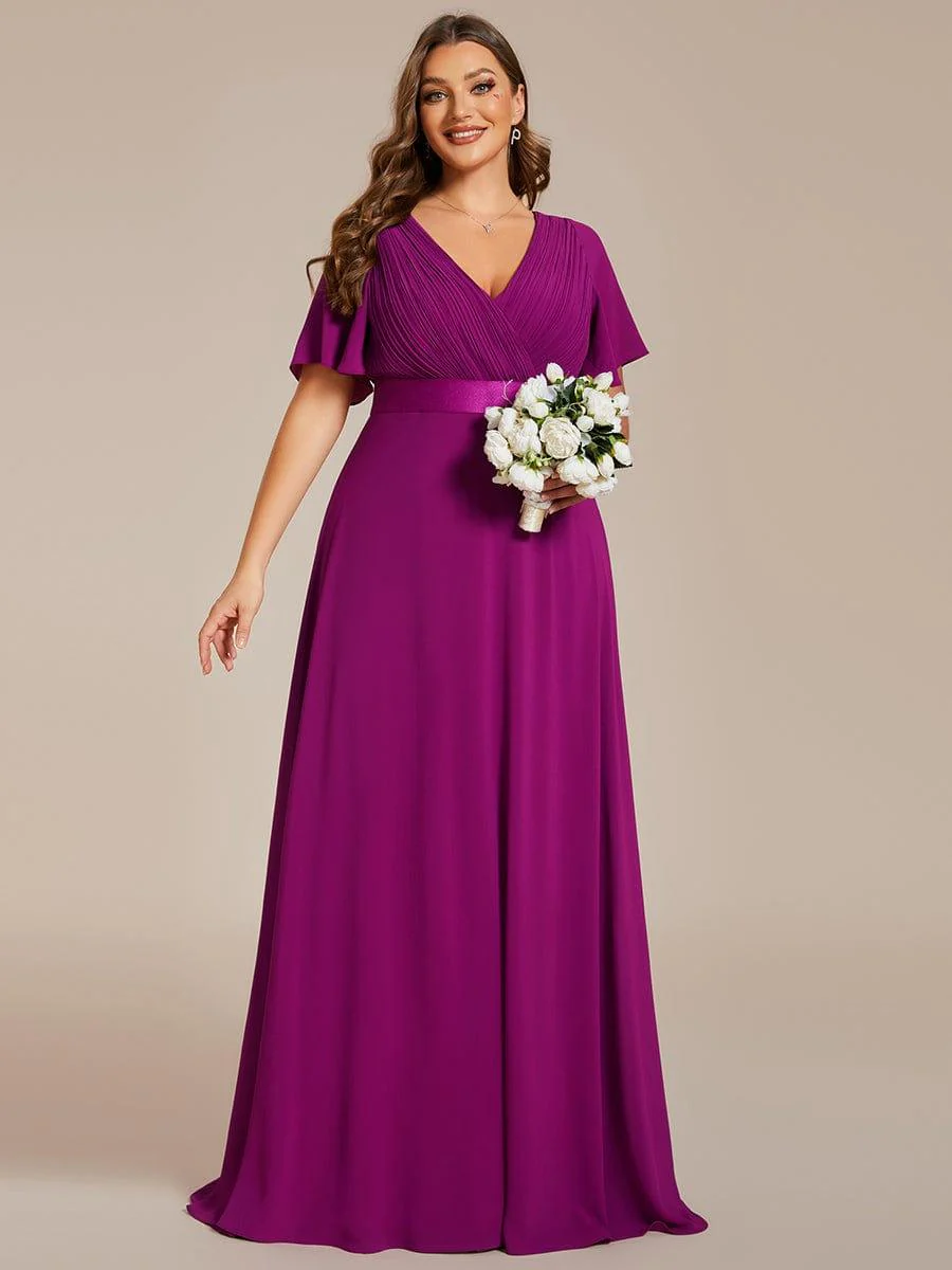 pretty MONICA|Plus Size Long Empire Waist Bridesmaid Dress with Short Flutter Sleeves - Image 86