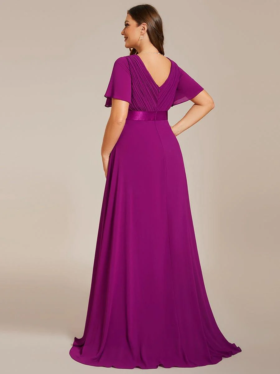 pretty MONICA|Plus Size Long Empire Waist Bridesmaid Dress with Short Flutter Sleeves - Image 87