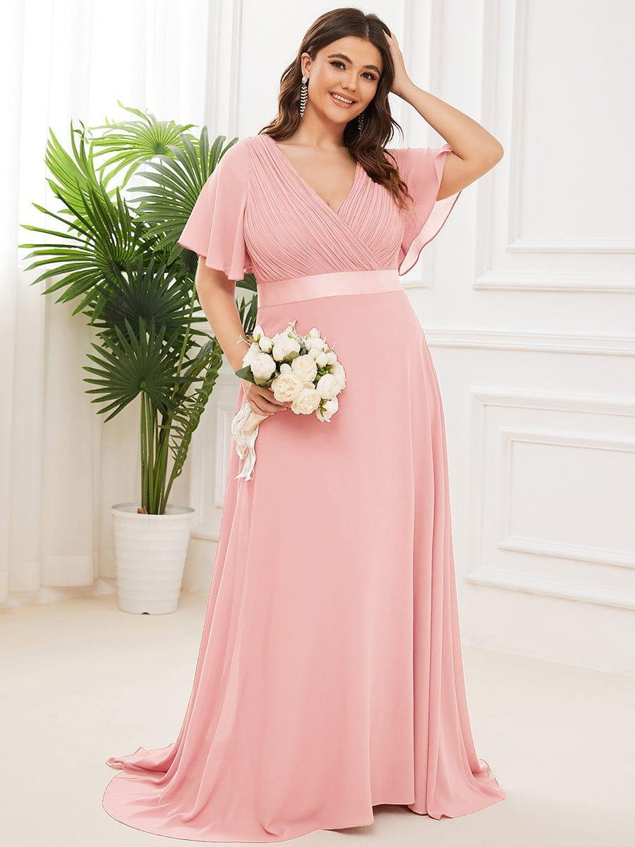pretty MONICA|Plus Size Long Empire Waist Bridesmaid Dress with Short Flutter Sleeves - Image 9