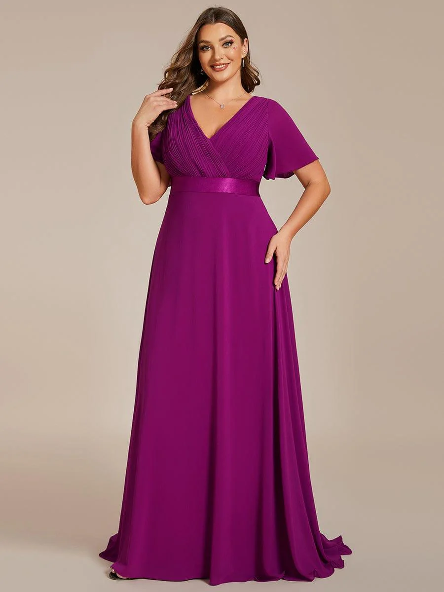pretty MONICA|Plus Size Long Empire Waist Bridesmaid Dress with Short Flutter Sleeves - Image 90