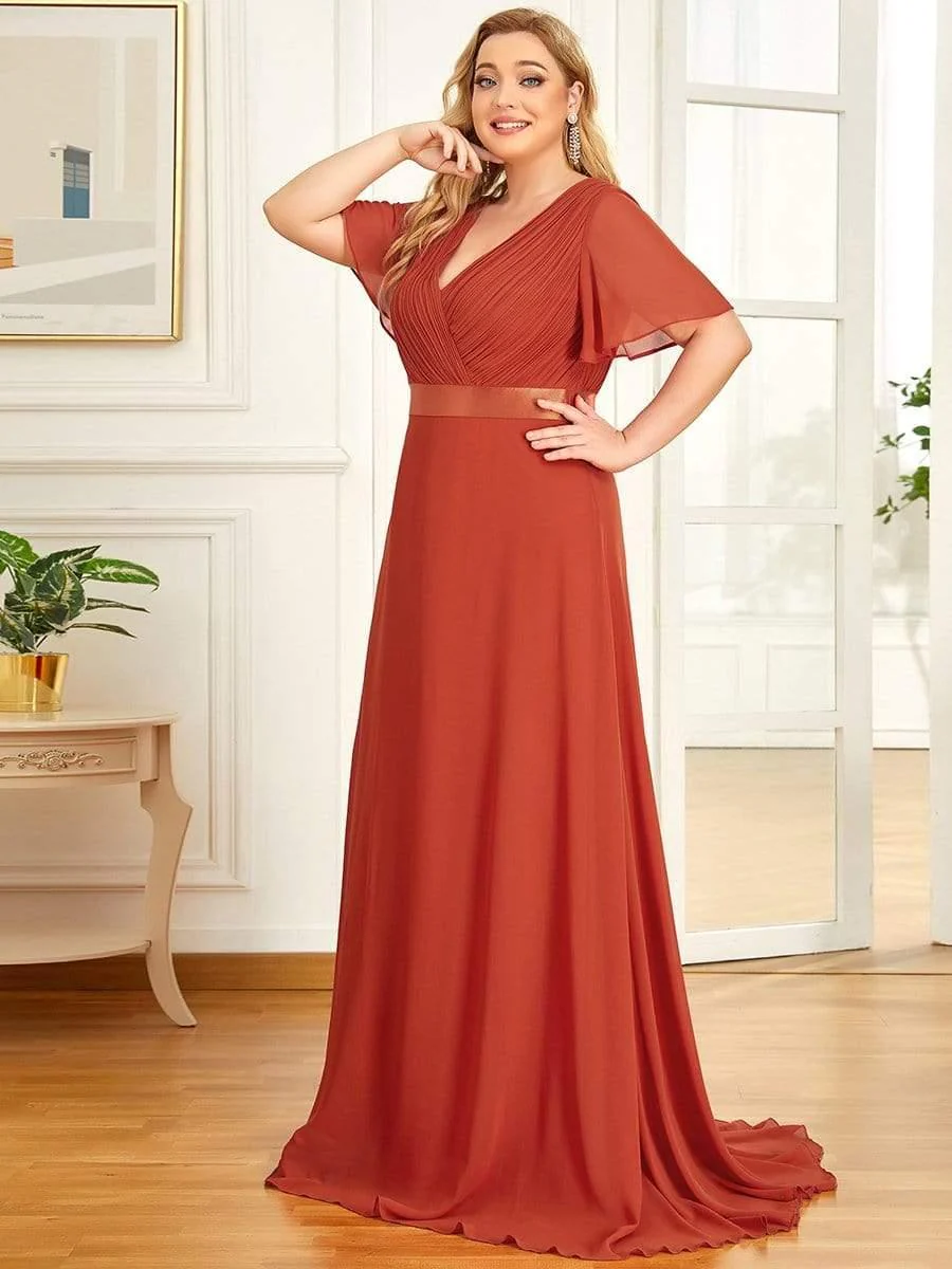 pretty MONICA|Plus Size Long Empire Waist Bridesmaid Dress with Short Flutter Sleeves - Image 91
