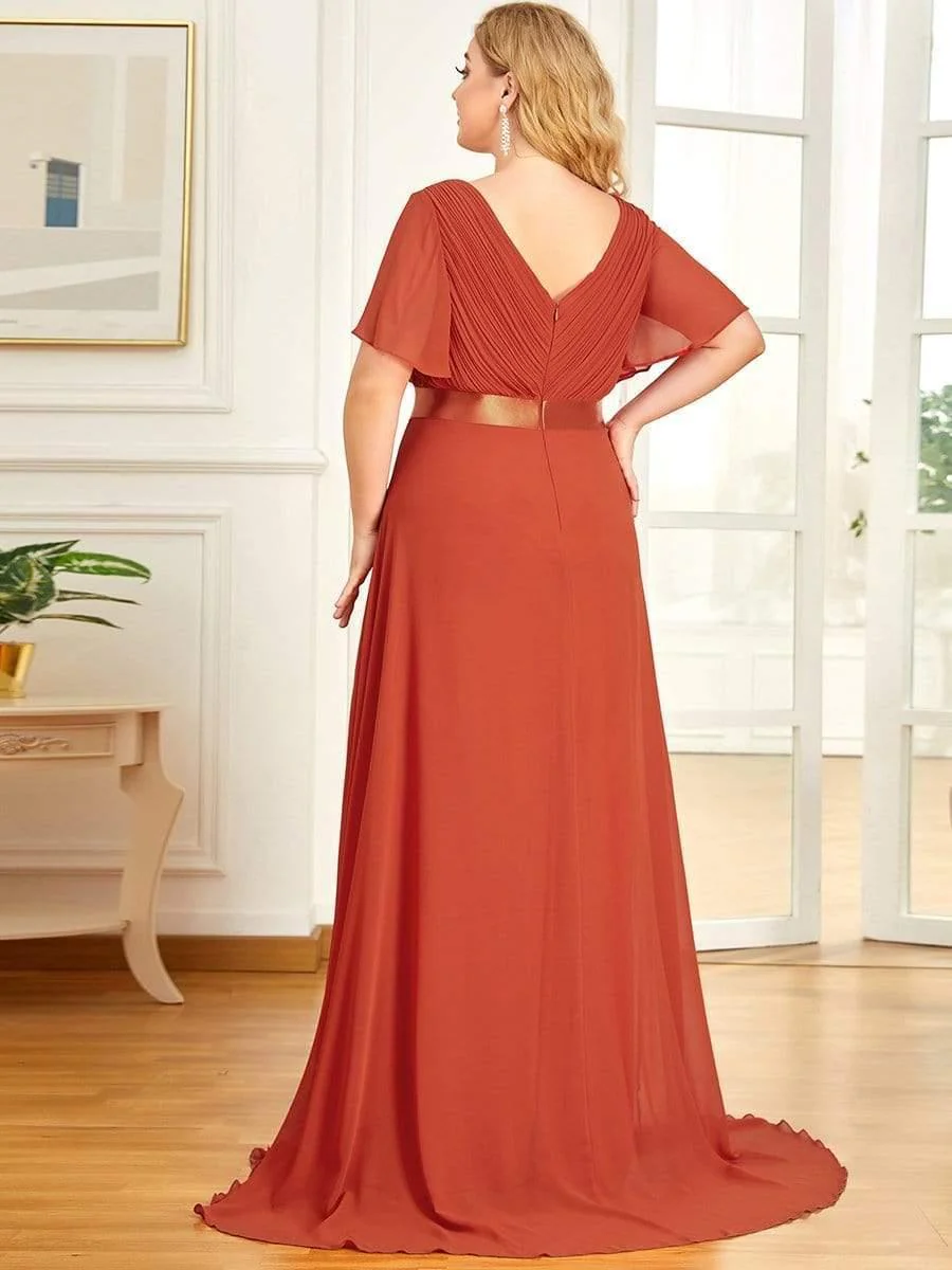 pretty MONICA|Plus Size Long Empire Waist Bridesmaid Dress with Short Flutter Sleeves - Image 92
