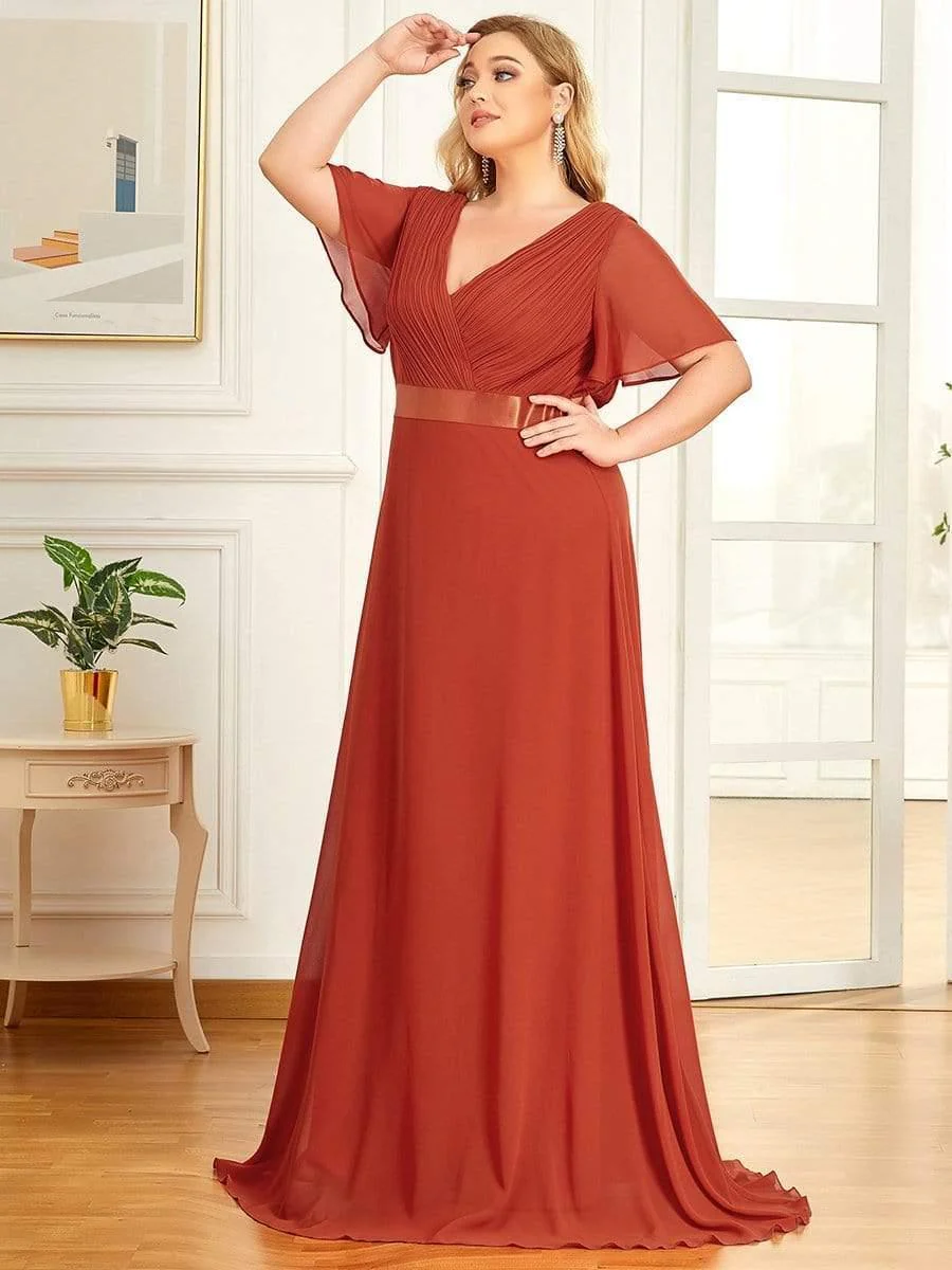 pretty MONICA|Plus Size Long Empire Waist Bridesmaid Dress with Short Flutter Sleeves - Image 93