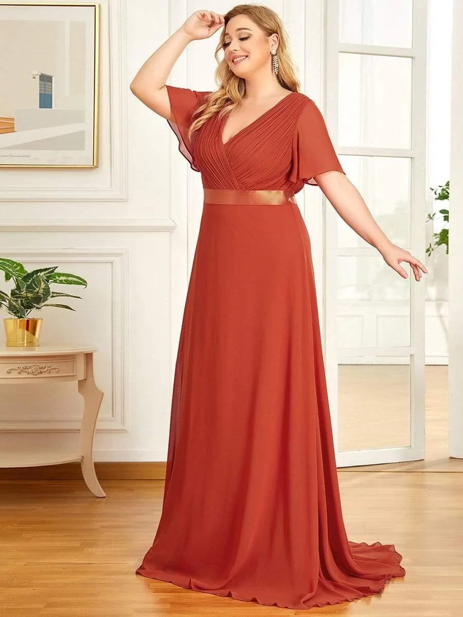 pretty MONICA|Plus Size Long Empire Waist Bridesmaid Dress with Short Flutter Sleeves - Image 95