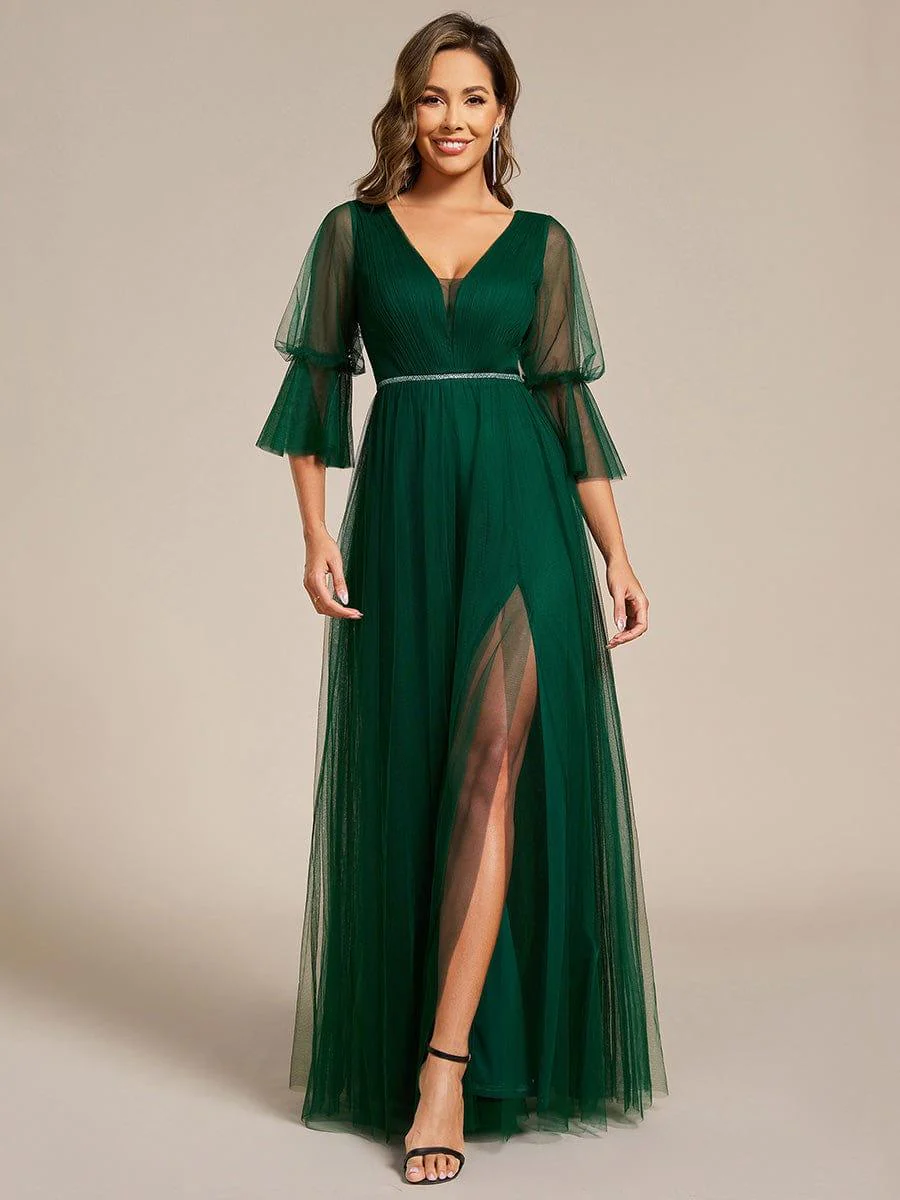 ever HEIDY|3/4 Sleeve Deep V-Neck Tulle Bridesmaid Dress with Chain Waist Detail - Image 10