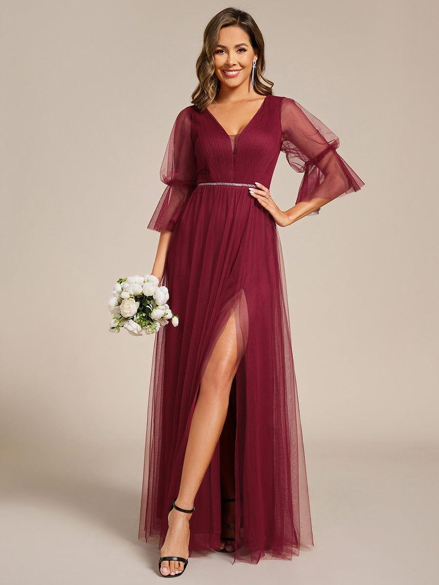 ever HEIDY|3/4 Sleeve Deep V-Neck Tulle Bridesmaid Dress with Chain Waist Detail - Image 11