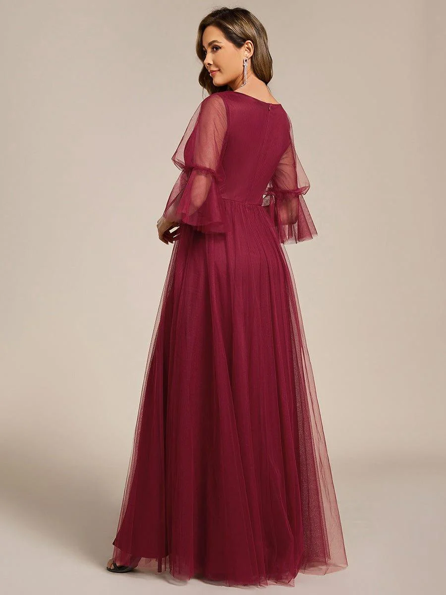 ever HEIDY|3/4 Sleeve Deep V-Neck Tulle Bridesmaid Dress with Chain Waist Detail - Image 12