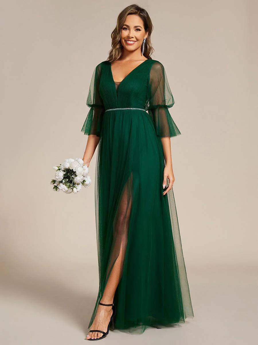 ever HEIDY|3/4 Sleeve Deep V-Neck Tulle Bridesmaid Dress with Chain Waist Detail - Image 6