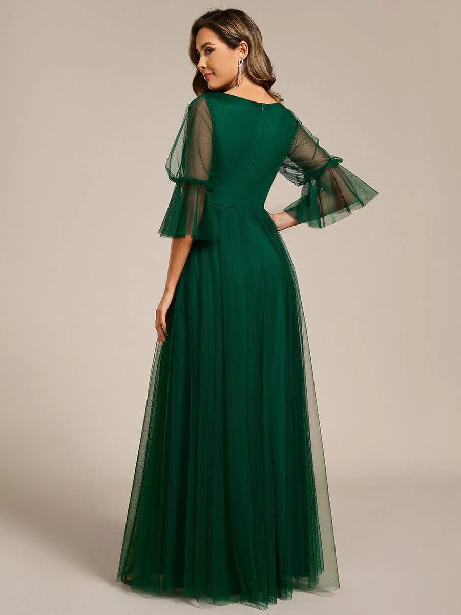 ever HEIDY|3/4 Sleeve Deep V-Neck Tulle Bridesmaid Dress with Chain Waist Detail - Image 7