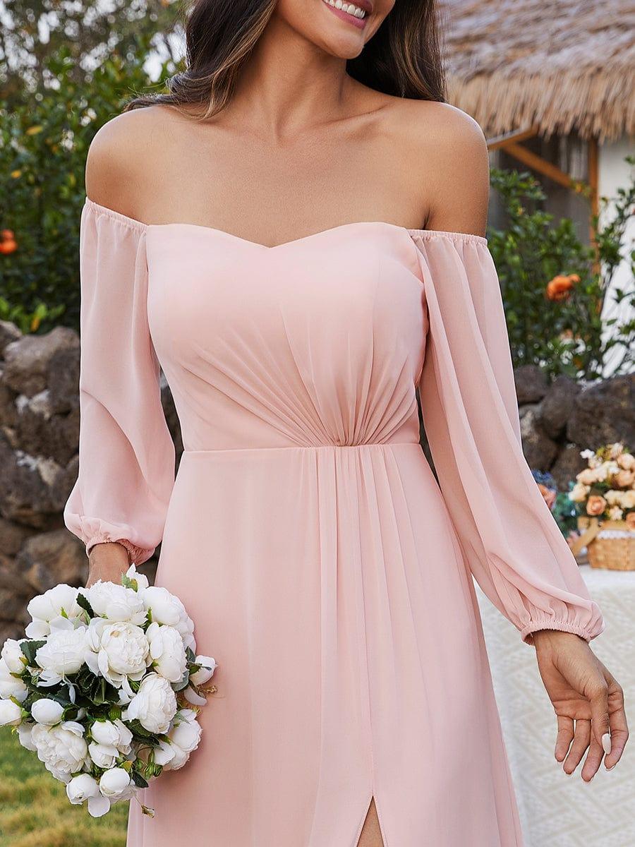 ever DANICA|Long Sleeve Chiffon Off Shoulder Dresses with High Slit In Pink - Image 3