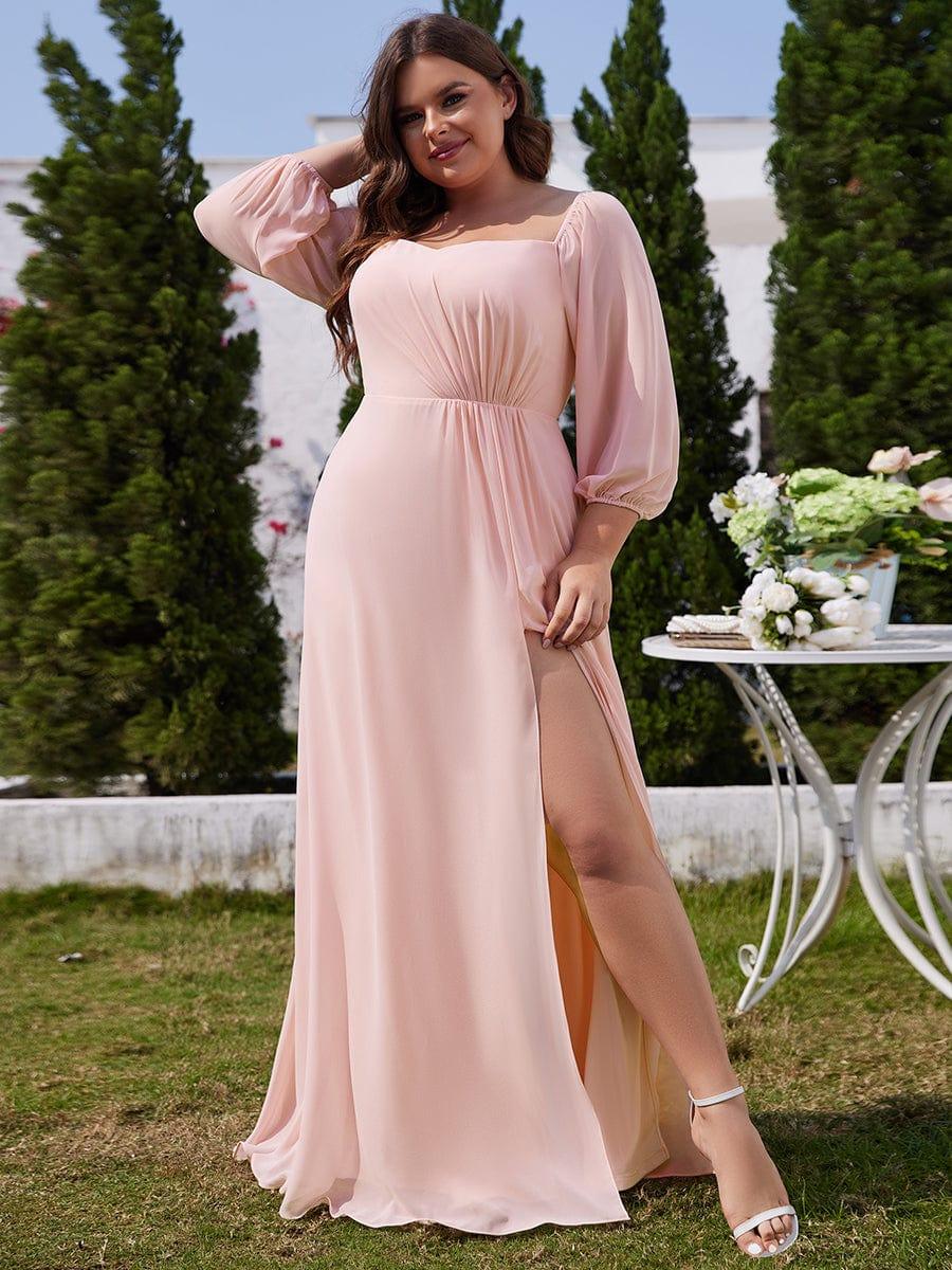 ever DANICA|Long Sleeve Chiffon Off Shoulder Dresses with High Slit In Pink - Image 6