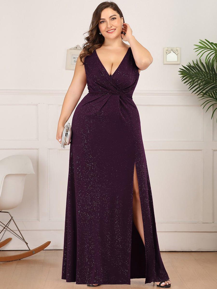 Long V Neck Shimmery Wedding Guest Dress with Side Split - Image 20