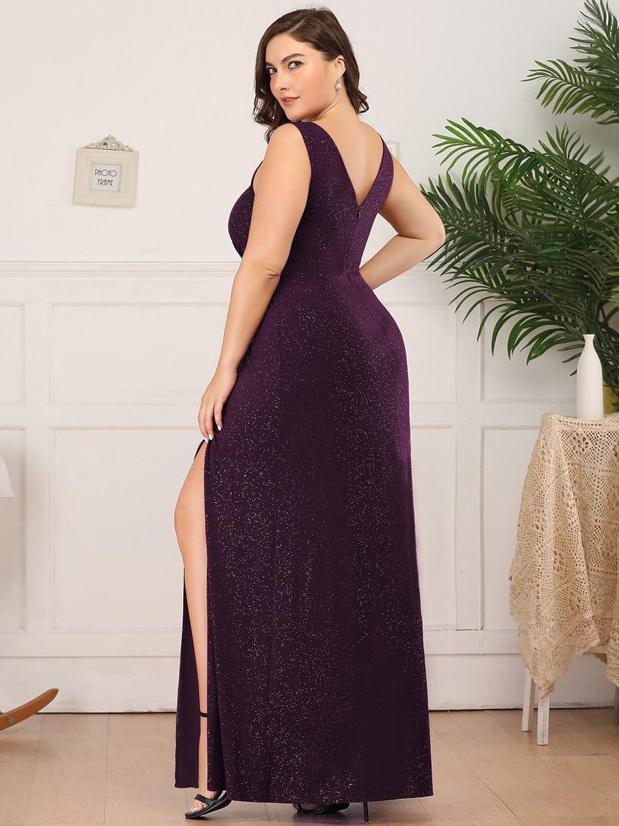 Long V Neck Shimmery Wedding Guest Dress with Side Split - Image 21