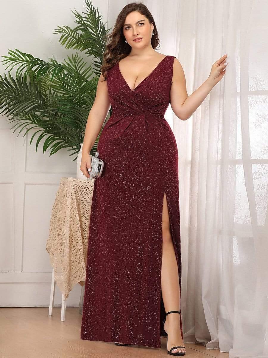 Long V Neck Shimmery Wedding Guest Dress with Side Split - Image 36