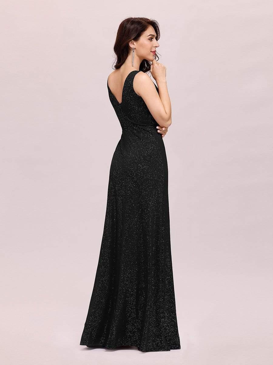Long V Neck Shimmery Wedding Guest Dress with Side Split - Image 5