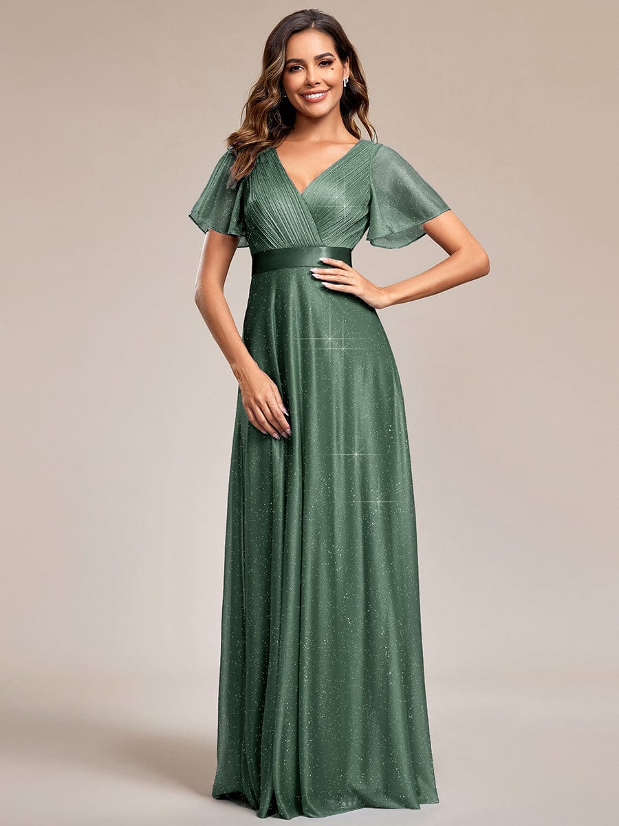ever LIORÉ|Long Shimmery Flutter Sleeve Pleated V-Neck Evening Dress - Image 102