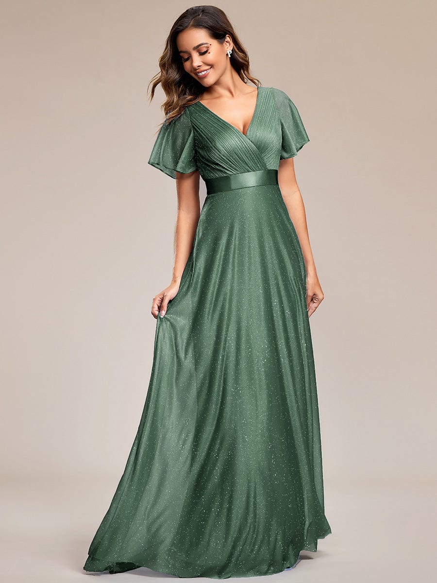 ever LIORÉ|Long Shimmery Flutter Sleeve Pleated V-Neck Evening Dress - Image 105