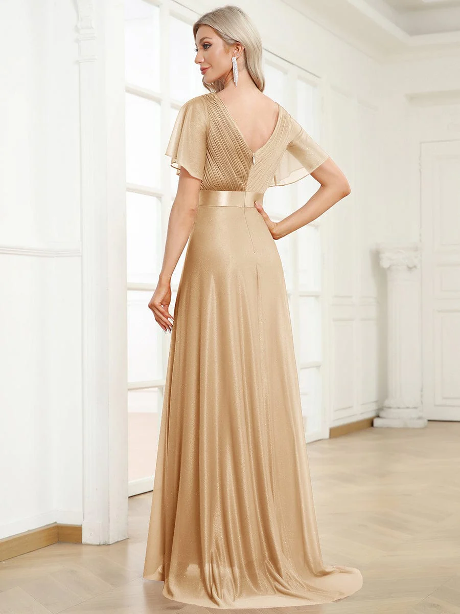 ever LIORÉ|Long Shimmery Flutter Sleeve Pleated V-Neck Evening Dress - Image 113