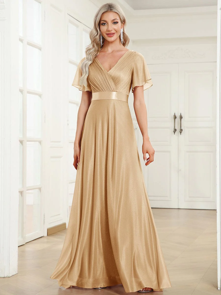 ever LIORÉ|Long Shimmery Flutter Sleeve Pleated V-Neck Evening Dress - Image 115