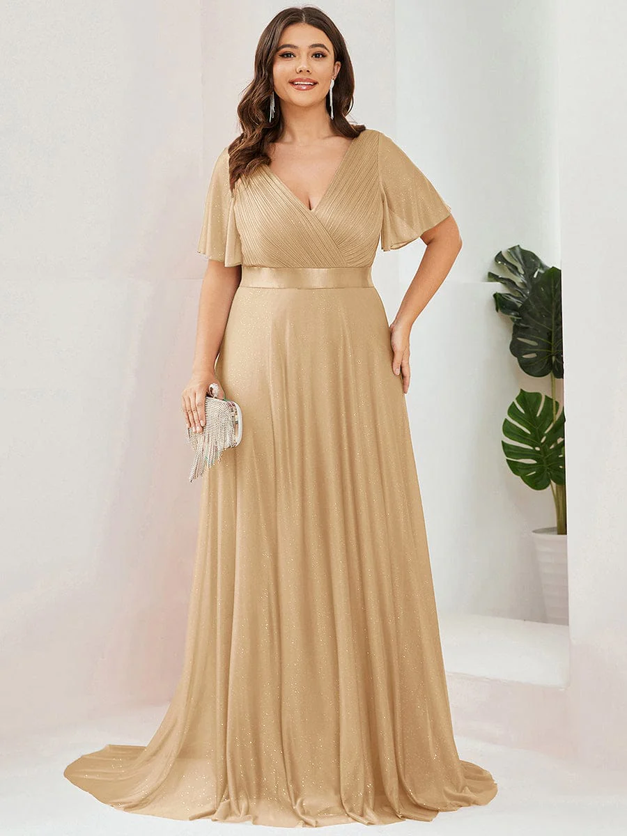 ever LIORÉ|Long Shimmery Flutter Sleeve Pleated V-Neck Evening Dress - Image 117