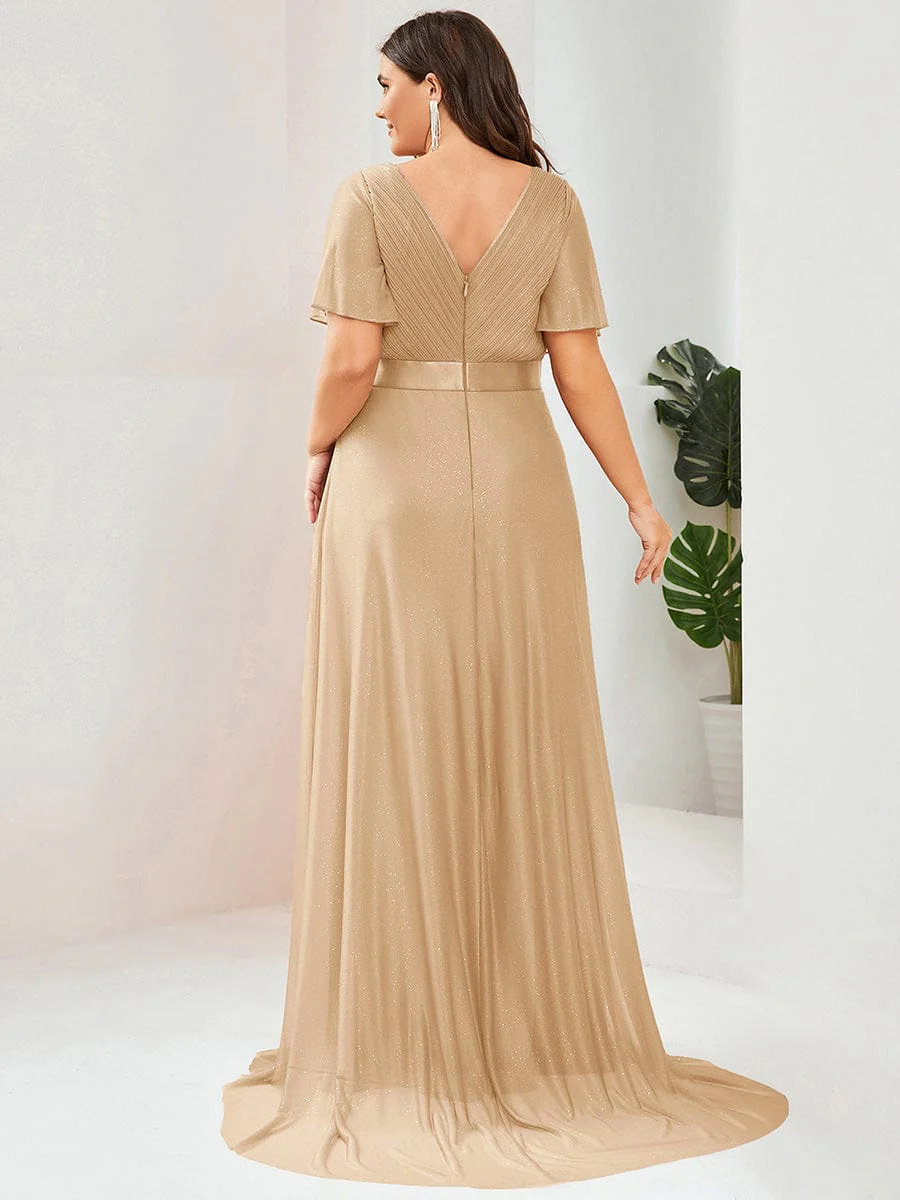ever LIORÉ|Long Shimmery Flutter Sleeve Pleated V-Neck Evening Dress - Image 118