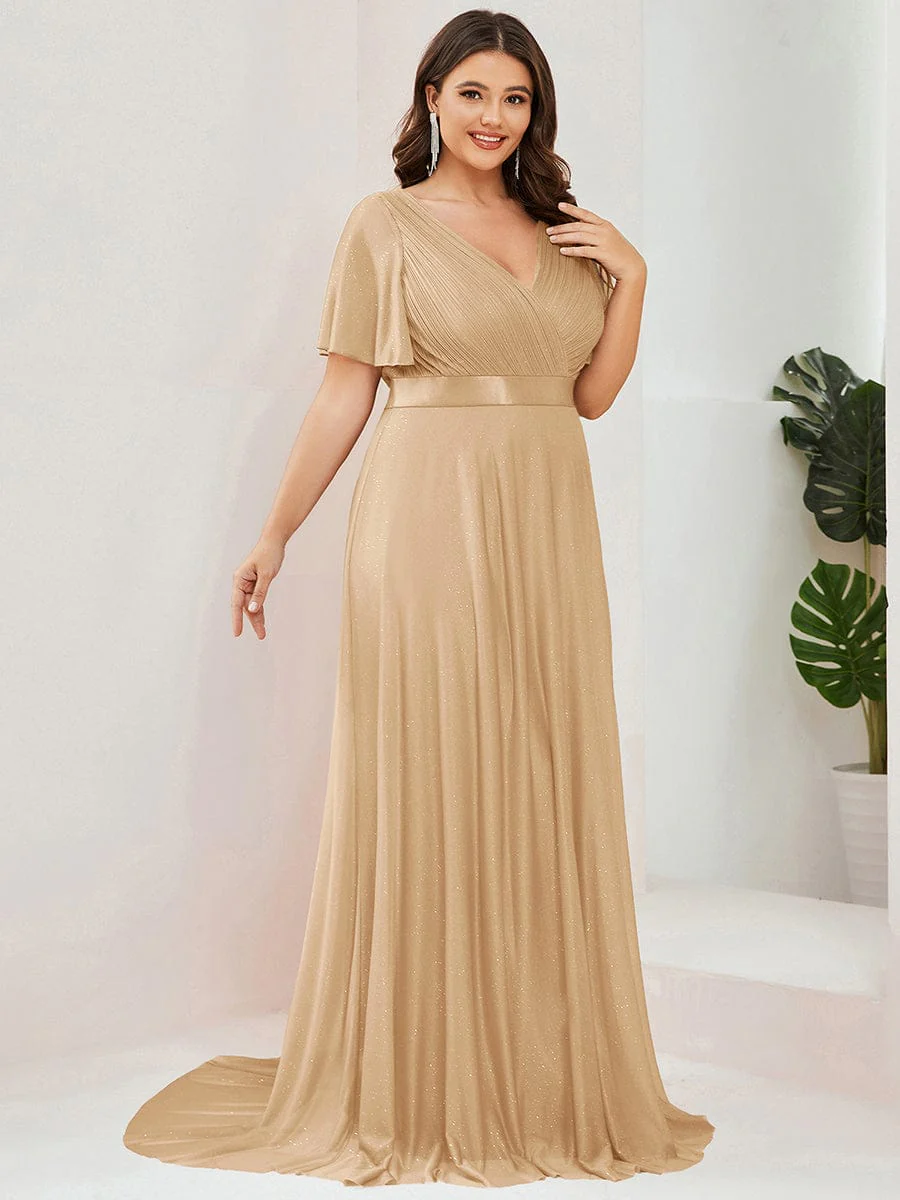 ever LIORÉ|Long Shimmery Flutter Sleeve Pleated V-Neck Evening Dress - Image 119