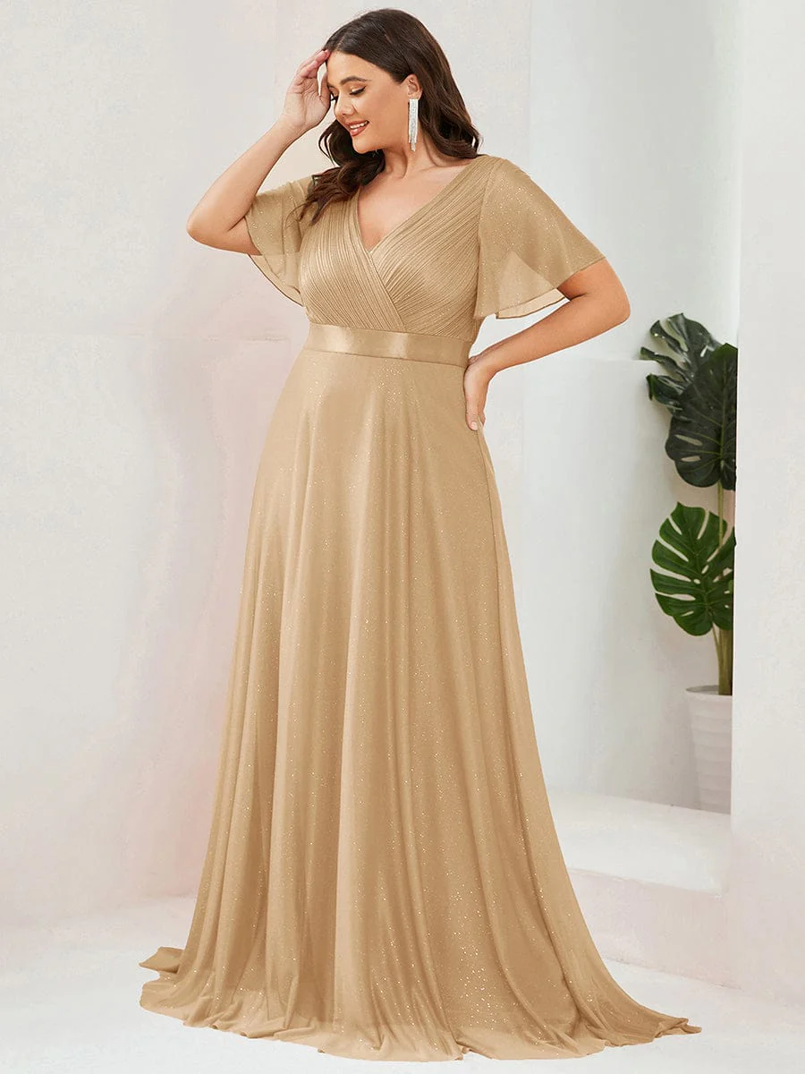 ever LIORÉ|Long Shimmery Flutter Sleeve Pleated V-Neck Evening Dress - Image 120