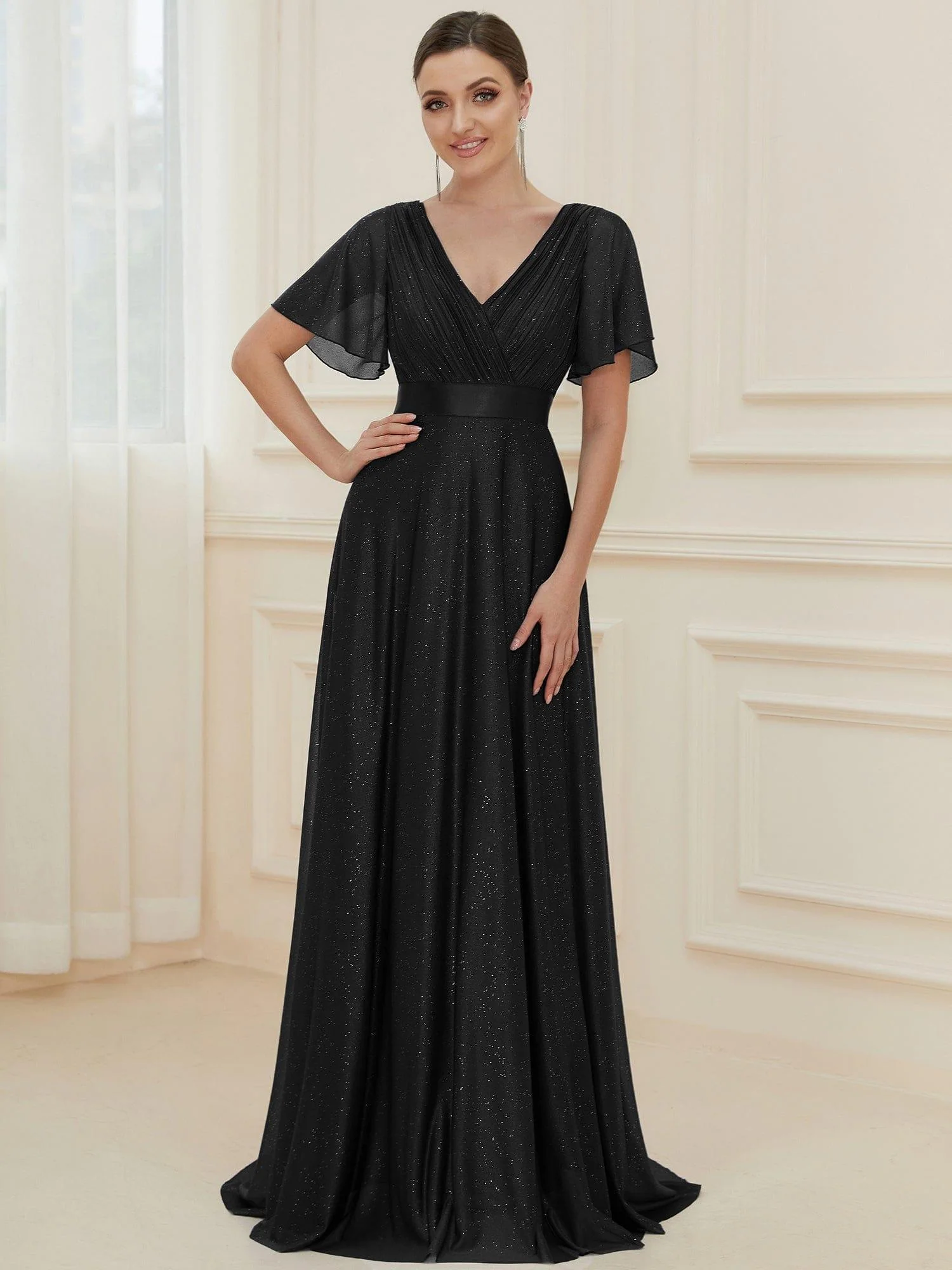 ever LIORÉ|Long Shimmery Flutter Sleeve Pleated V-Neck Evening Dress - Image 13