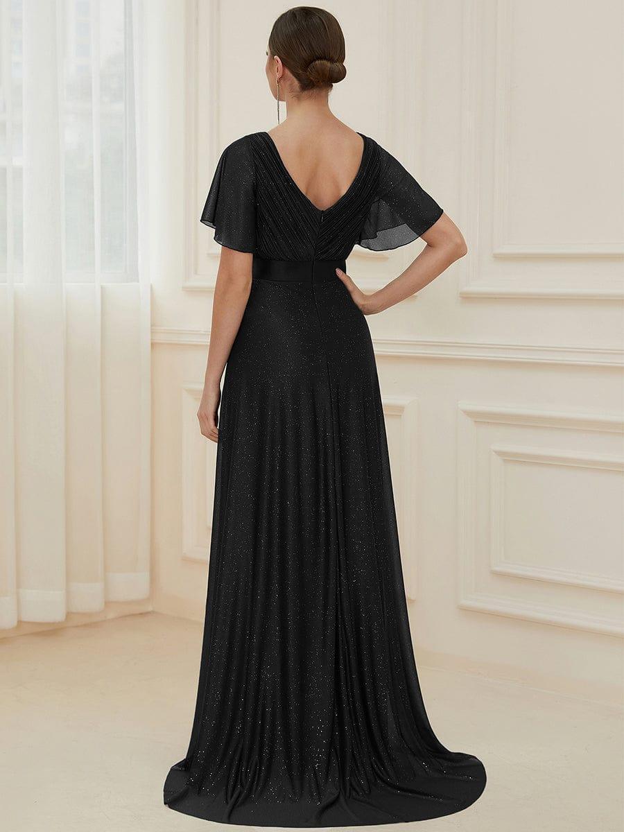 ever LIORÉ|Long Shimmery Flutter Sleeve Pleated V-Neck Evening Dress - Image 14
