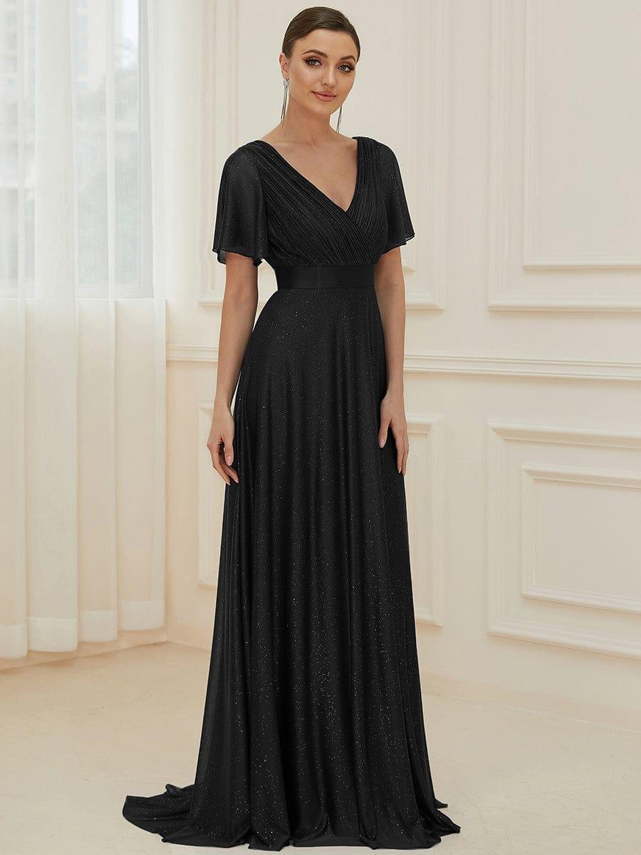 ever LIORÉ|Long Shimmery Flutter Sleeve Pleated V-Neck Evening Dress - Image 15