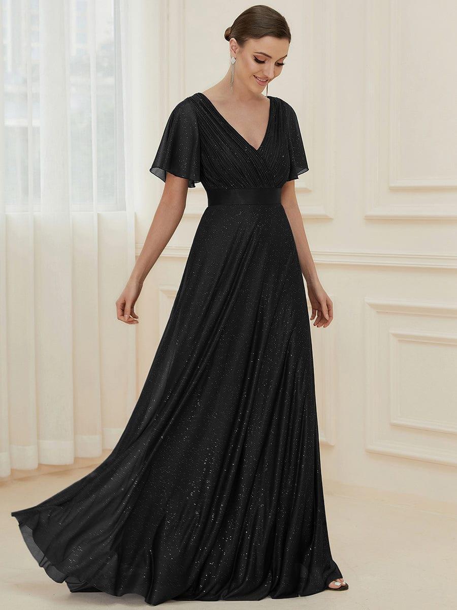 ever LIORÉ|Long Shimmery Flutter Sleeve Pleated V-Neck Evening Dress - Image 17