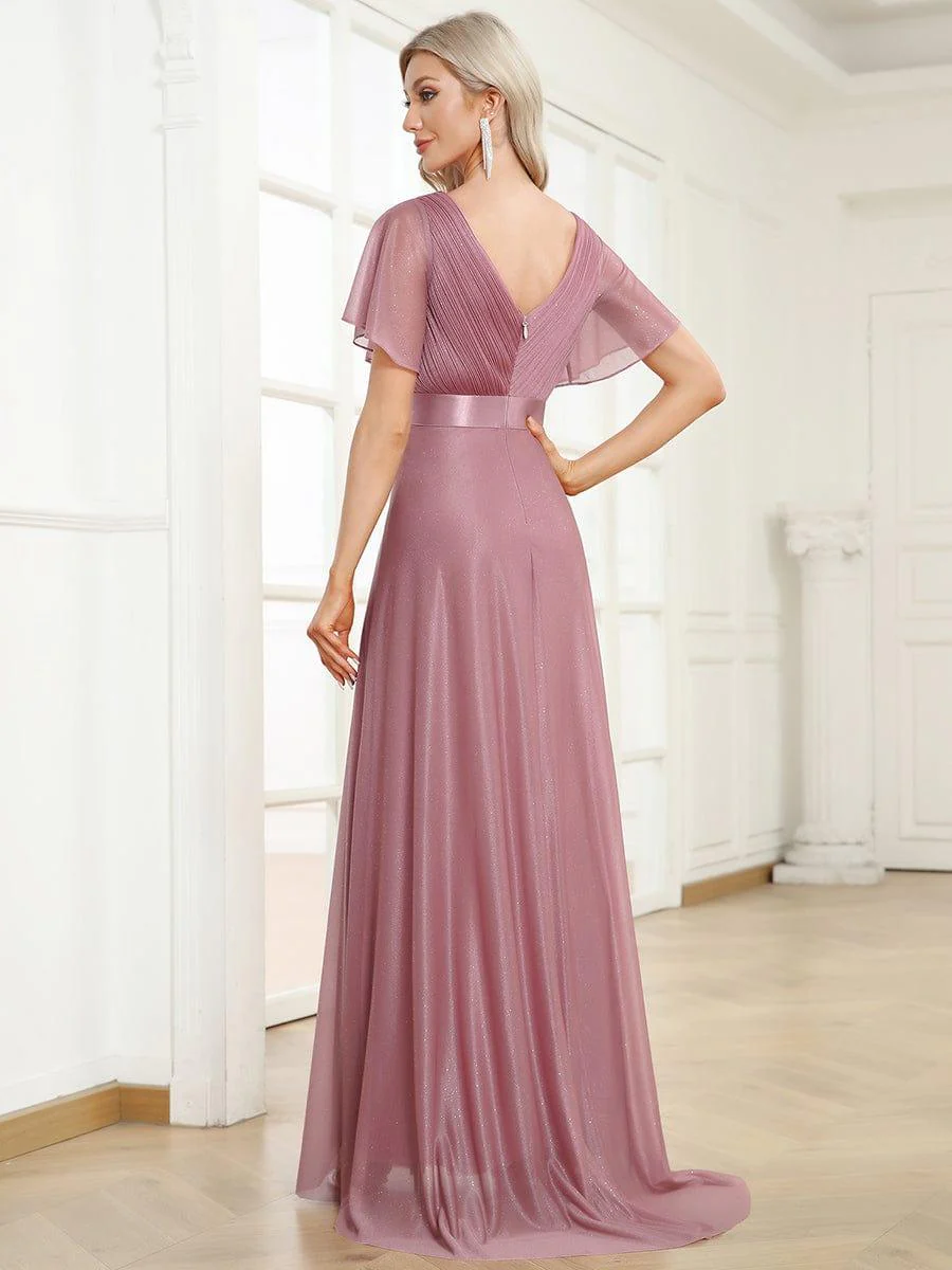 ever LIORÉ|Long Shimmery Flutter Sleeve Pleated V-Neck Evening Dress - Image 35